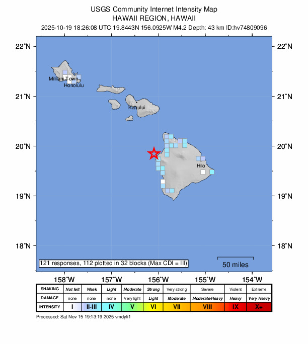 USGS DYFI community-reported intensity map for the M4.2 earthquake near 17 km NW of Kalaoa, Hawaii