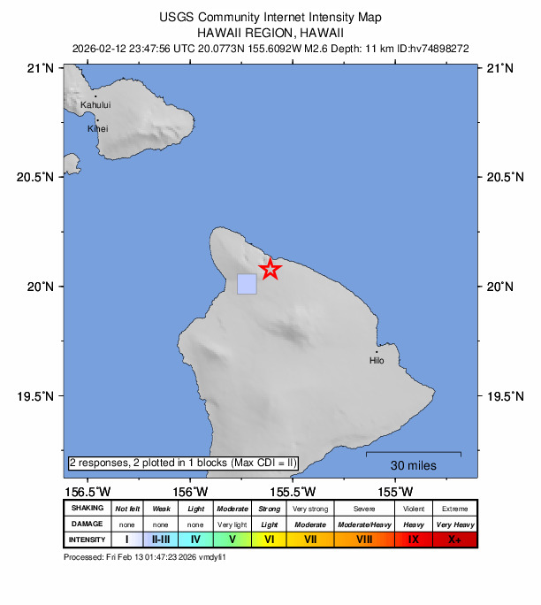 USGS DYFI community-reported intensity map for the M2.6 earthquake near 6 km SW of Kukuihaele, Hawaii