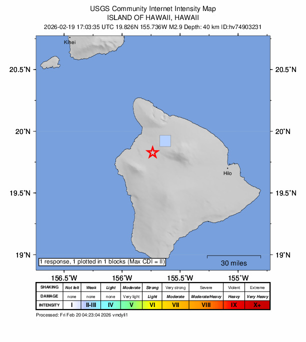 USGS DYFI community-reported intensity map for the M2.9 earthquake near 13 km SSE of Waikoloa, Hawaii