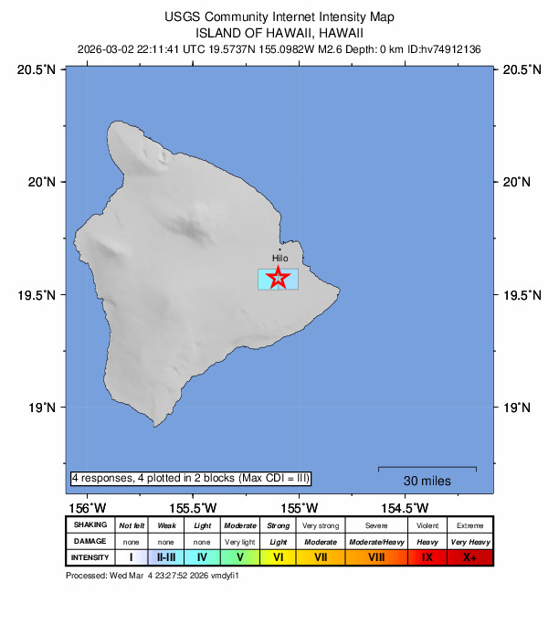 USGS DYFI community-reported intensity map for the M2.6 earthquake near 2 km NNE of Mountain View, Hawaii