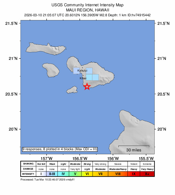 USGS DYFI community-reported intensity map for the M2.8 earthquake near 8 km SE of Mākena, Hawaii