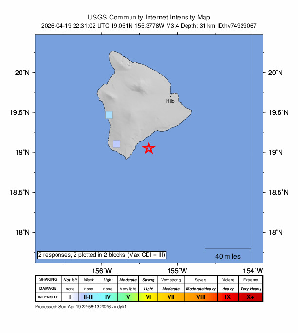 USGS DYFI community-reported intensity map for the M3.4 earthquake near 19 km SSE of Pāhala, Hawaii