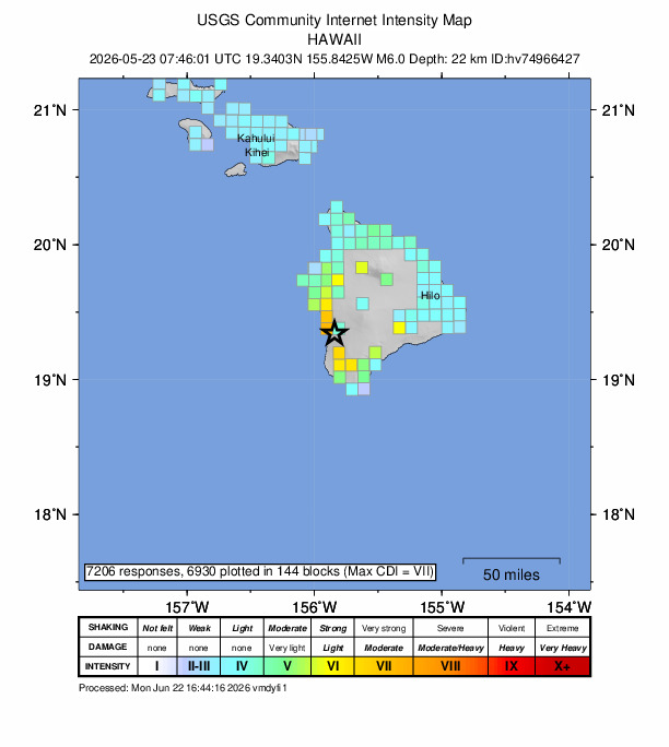 USGS DYFI community-reported intensity map for the M6.0 earthquake near 13 km S of Honaunau-Napoopoo, Hawaii