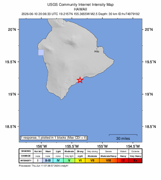 USGS DYFI community-reported intensity map for the M2.5 earthquake near 11 km E of Pāhala, Hawaii