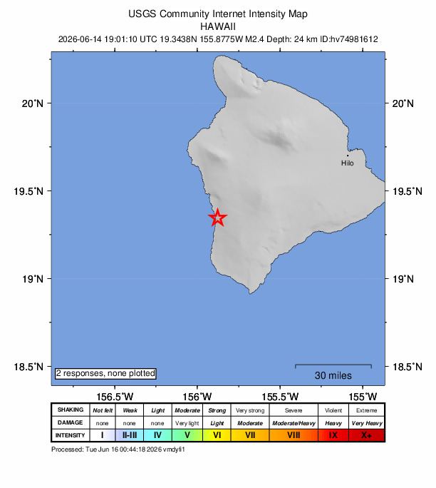 USGS DYFI community-reported intensity map for the M2.4 earthquake near 12 km S of Honaunau-Napoopoo, Hawaii