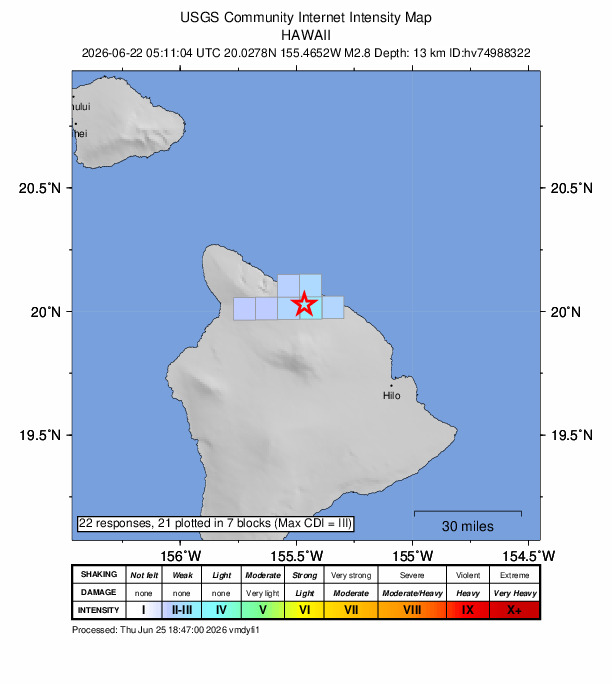 USGS DYFI community-reported intensity map for the M2.8 earthquake near 5 km S of Honoka‘a, Hawaii