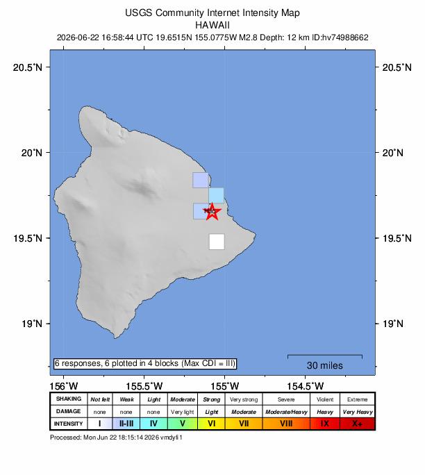 USGS DYFI community-reported intensity map for the M2.8 earthquake near 5 km NW of Kea‘au, Hawaii