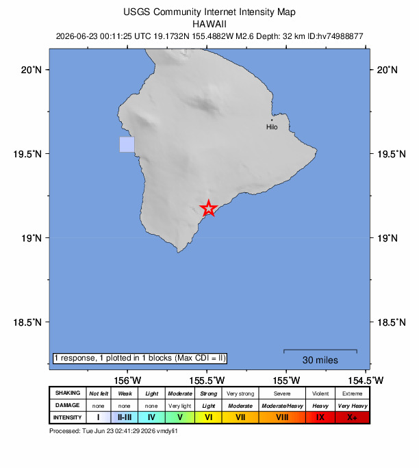 USGS DYFI community-reported intensity map for the M2.6 earthquake near 3 km SSW of Pāhala, Hawaii