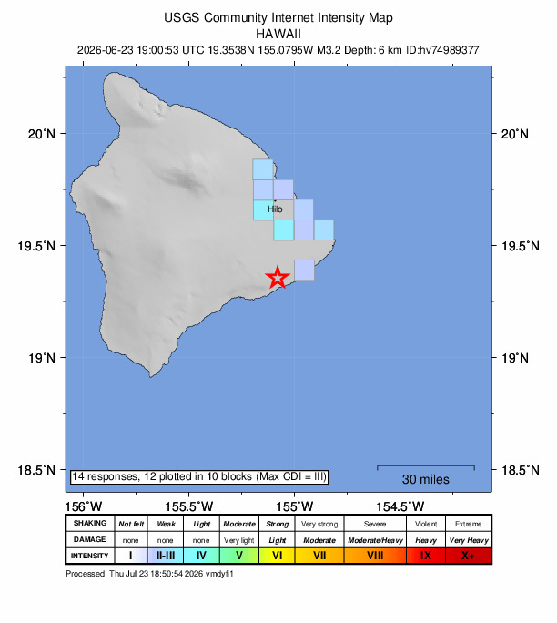 USGS DYFI community-reported intensity map for the M3.2 earthquake near 13 km SSE of Fern Forest, Hawaii