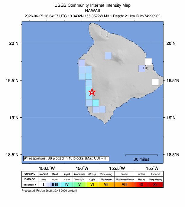 USGS DYFI community-reported intensity map for the M3.1 earthquake near 12 km S of Honaunau-Napoopoo, Hawaii