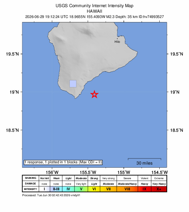 USGS DYFI community-reported intensity map for the M2.3 earthquake near 21 km ESE of Naalehu, Hawaii