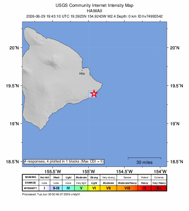 USGS DYFI community-reported intensity map for the M2.4 earthquake near 8 km S of Leilani Estates, Hawaii