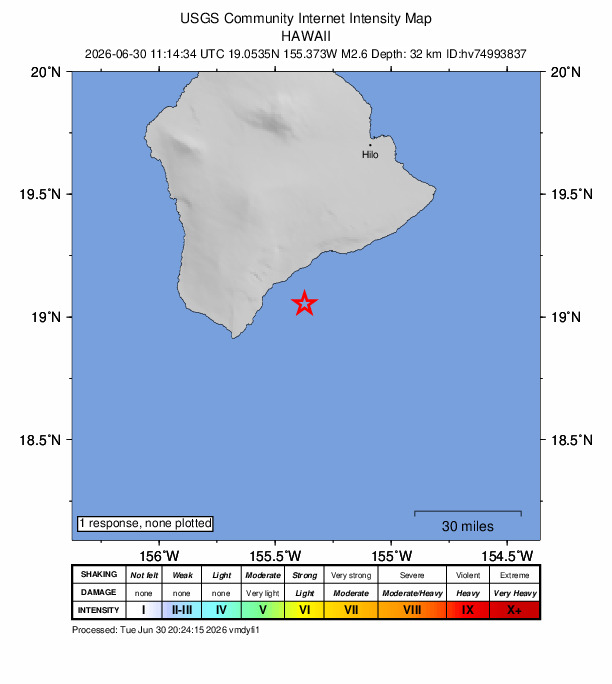 USGS DYFI community-reported intensity map for the M2.6 earthquake near 19 km SE of Pāhala, Hawaii
