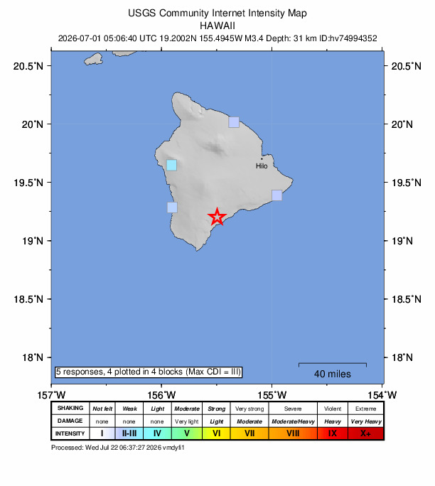 USGS DYFI community-reported intensity map for the M3.4 earthquake near 1 km W of Pāhala, Hawaii