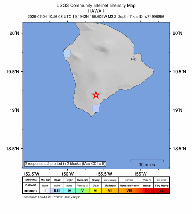 USGS DYFI community-reported intensity map for the M3.2 earthquake near 13 km N of Wai‘ōhinu, Hawaii