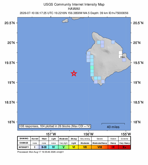 M4.5 Earthquake Captain Cook, Hawaii — July 10, 2026 | 108 Felt Reports