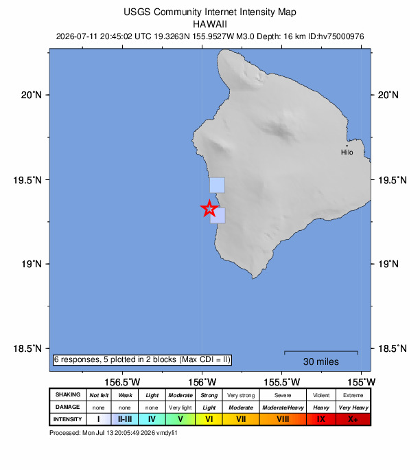 USGS DYFI community-reported intensity map for the M3.0 earthquake near 17 km SSW of Honaunau-Napoopoo, Hawaii