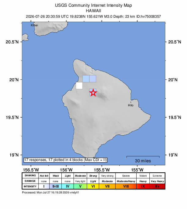 USGS DYFI community-reported intensity map for the M3.0 earthquake near 21 km SE of Waikoloa, Hawaii