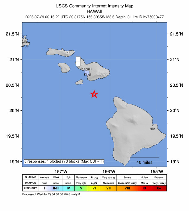 USGS DYFI community-reported intensity map for the M3.6 earthquake near 39 km SSE of Mākena, Hawaii
