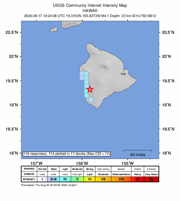 USGS DYFI community-reported intensity map for the M4.1 earthquake near 16 km SSE of Honaunau-Napoopoo, Hawaii