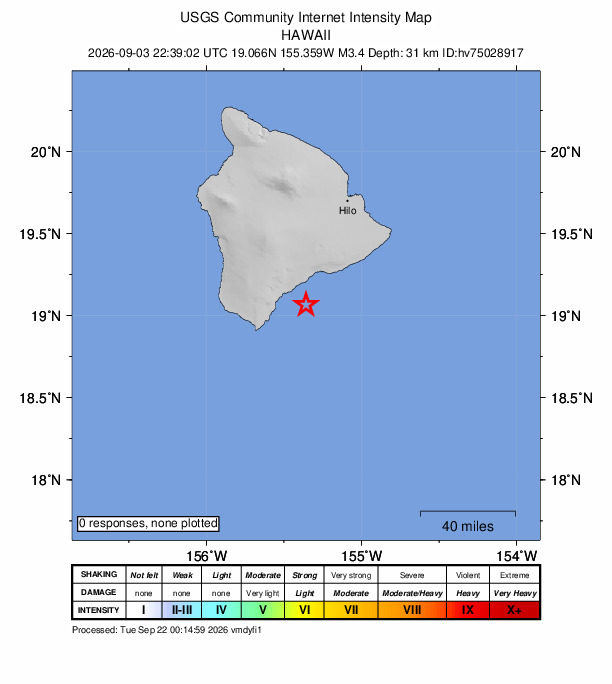 USGS DYFI community-reported intensity map for the M3.4 earthquake near 19 km SE of Pāhala, Hawaii