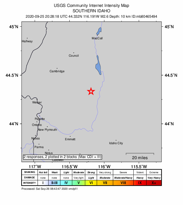 USGS DYFI community-reported intensity map for the M2.6 earthquake near 8 km WNW of Smiths Ferry, Idaho