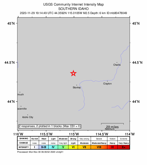 USGS DYFI community-reported intensity map for the M2.3 earthquake near 18 km NNW of Stanley, Idaho