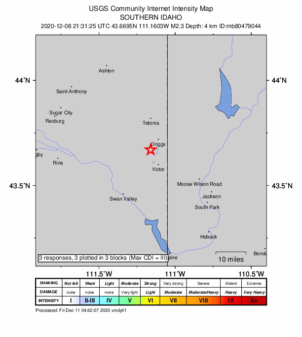 USGS DYFI community-reported intensity map for the M2.3 earthquake near 5 km SSW of Driggs, Idaho
