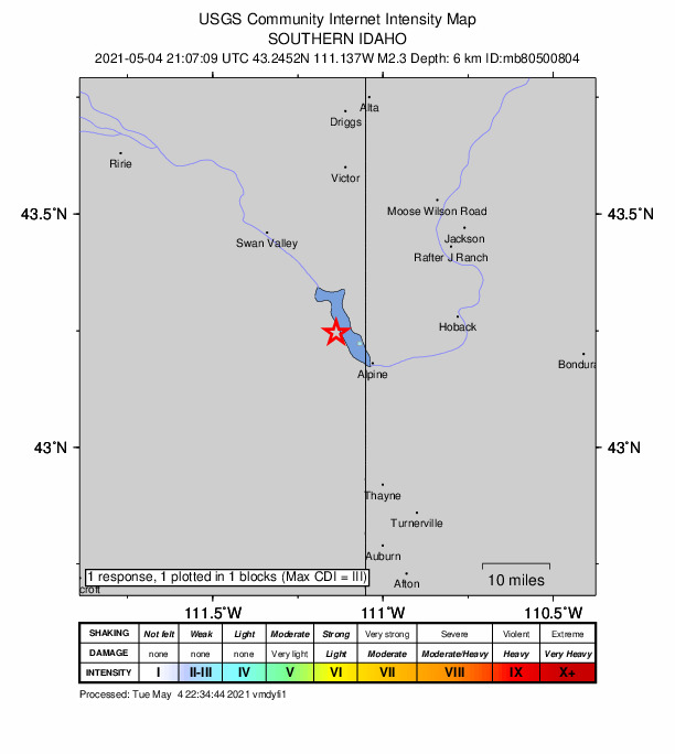 USGS DYFI community-reported intensity map for the M2.2 earthquake near southern Idaho