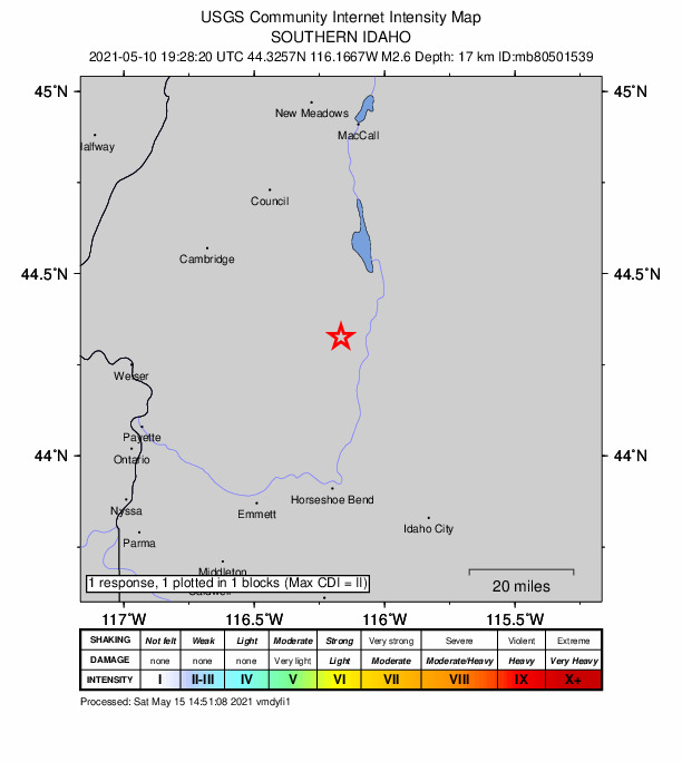 USGS DYFI community-reported intensity map for the M2.2 earthquake near 7 km W of Smiths Ferry, Idaho