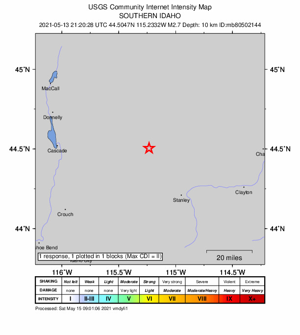 USGS DYFI community-reported intensity map for the M2.4 earthquake near 38 km NW of Stanley, Idaho