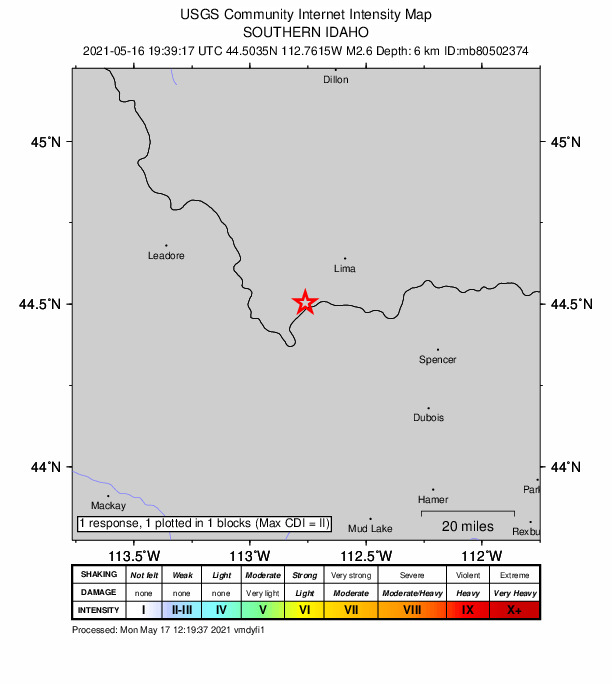 USGS DYFI community-reported intensity map for the M2.5 earthquake near 21 km SW of Lima, Montana