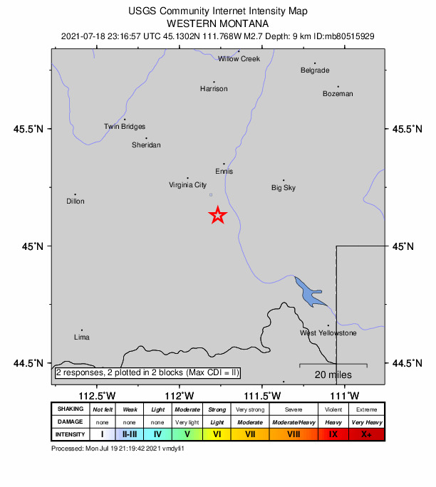 USGS DYFI community-reported intensity map for the M2.5 earthquake near 23 km SE of Virginia City, Montana