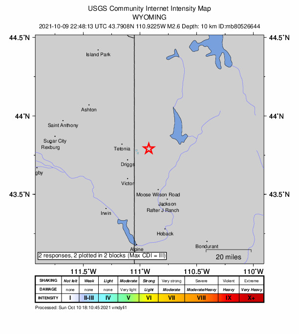 USGS DYFI community-reported intensity map for the M2.4 earthquake near 10 km ENE of Alta, Wyoming