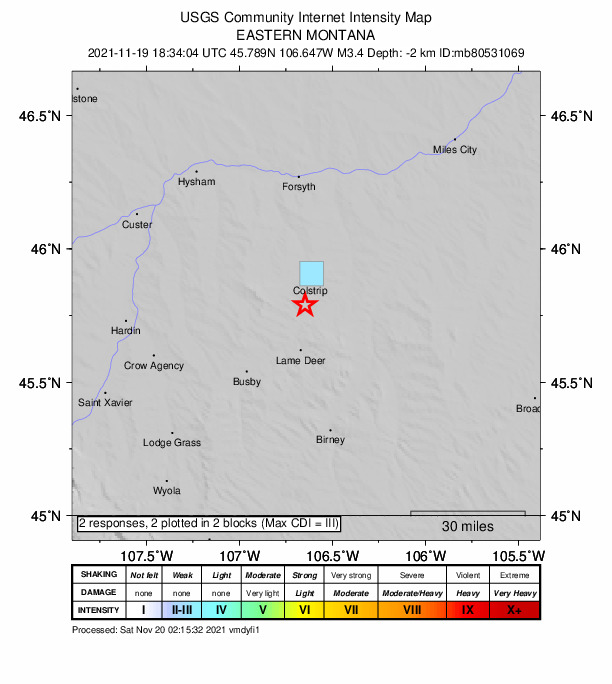 USGS DYFI community-reported intensity map for the M3.1 earthquake near 6 km ENE of Colstrip, Montana