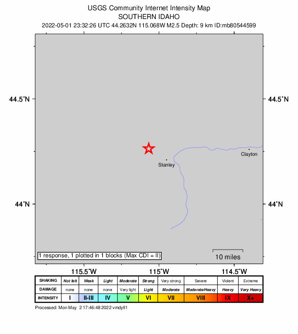 USGS DYFI community-reported intensity map for the M2.2 earthquake near 11 km WNW of Stanley, Idaho