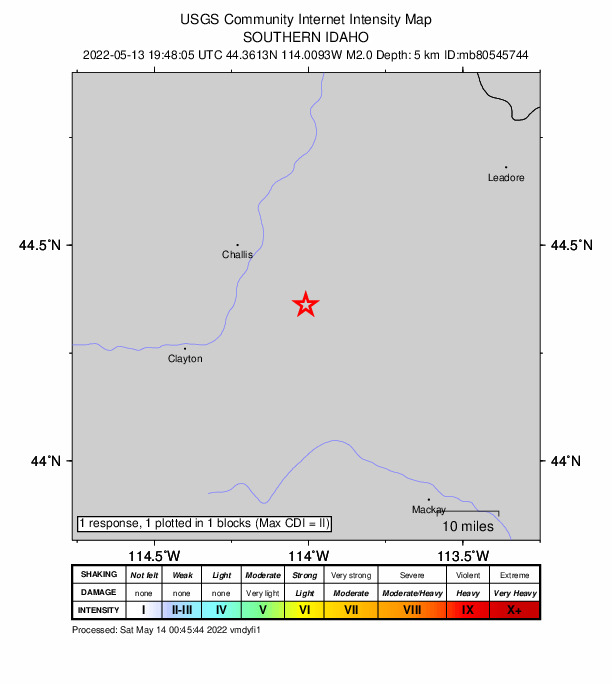USGS DYFI community-reported intensity map for the M2.0 earthquake near 23 km SE of Challis, Idaho
