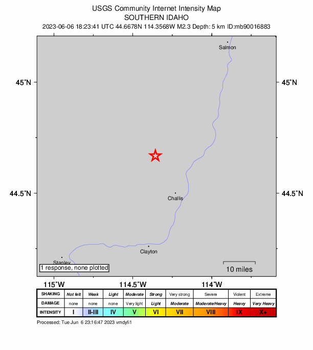 USGS DYFI community-reported intensity map for the M2.2 earthquake near 20 km NNW of Challis, Idaho