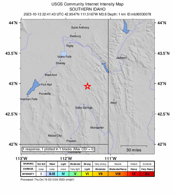 USGS DYFI community-reported intensity map for the M3.6 earthquake near 32 km NNE of Soda Springs, Idaho