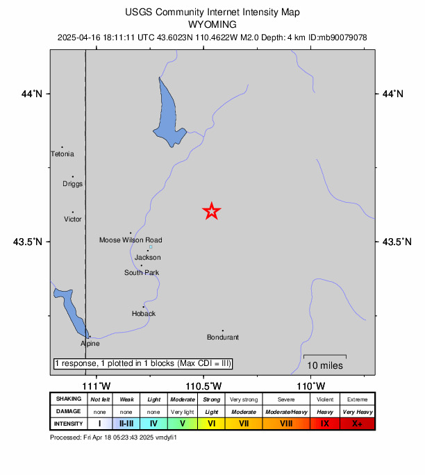 USGS DYFI community-reported intensity map for the M2.0 earthquake near 13 km E of Kelly, Wyoming