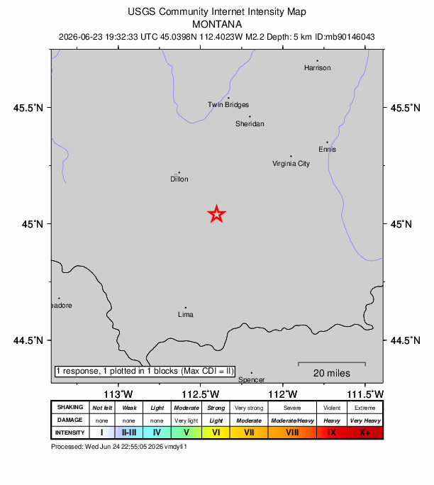 USGS DYFI community-reported intensity map for the M2.1 earthquake near 26 km SE of Dillon, Montana