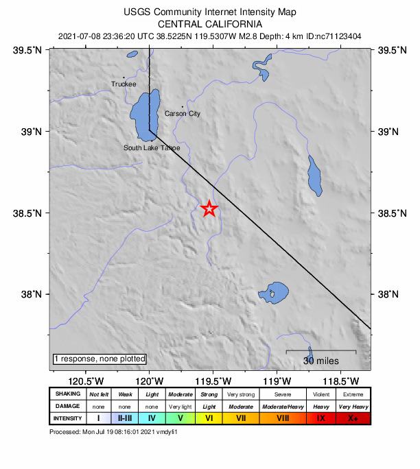USGS DYFI community-reported intensity map for the M2.8 earthquake near 30km SE of Markleeville, CA