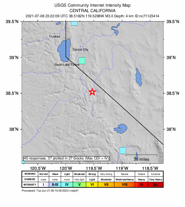 USGS DYFI community-reported intensity map for the M3.0 earthquake near 30km SE of Markleeville, CA