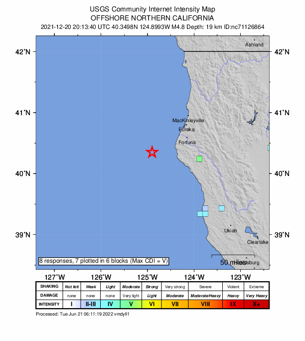 USGS DYFI community-reported intensity map for the M4.8 earthquake near 52km W of Petrolia, CA