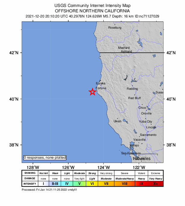 USGS DYFI community-reported intensity map for the M5.7 earthquake near 29km W of Petrolia, CA