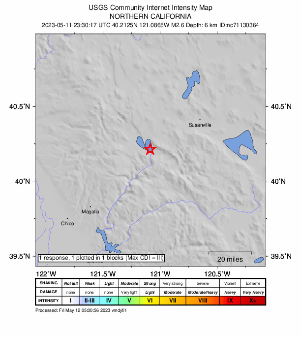 USGS DYFI community-reported intensity map for the M2.6 earthquake near 3km SSW of East Shore, CA