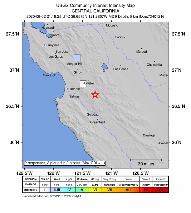 USGS DYFI community-reported intensity map for the M2.9 earthquake near 15km SSE of Tres Pinos, CA