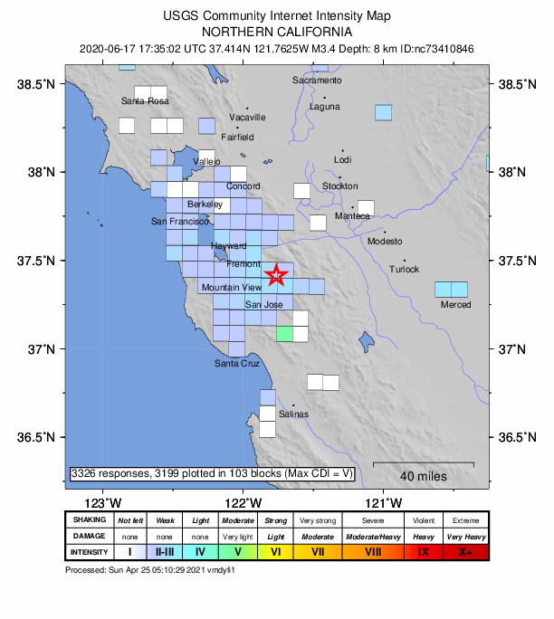 USGS DYFI community-reported intensity map for the M3.4 earthquake near 8km NE of Alum Rock, CA