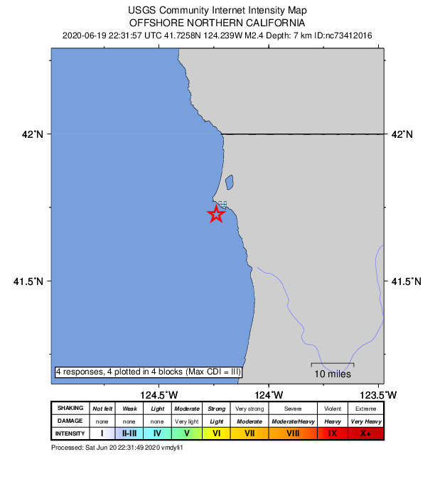 USGS DYFI community-reported intensity map for the M2.4 earthquake near 4km SW of Crescent City, CA