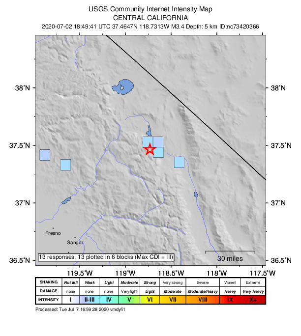 USGS DYFI community-reported intensity map for the M3.4 earthquake near 12km SSW of Toms Place, CA